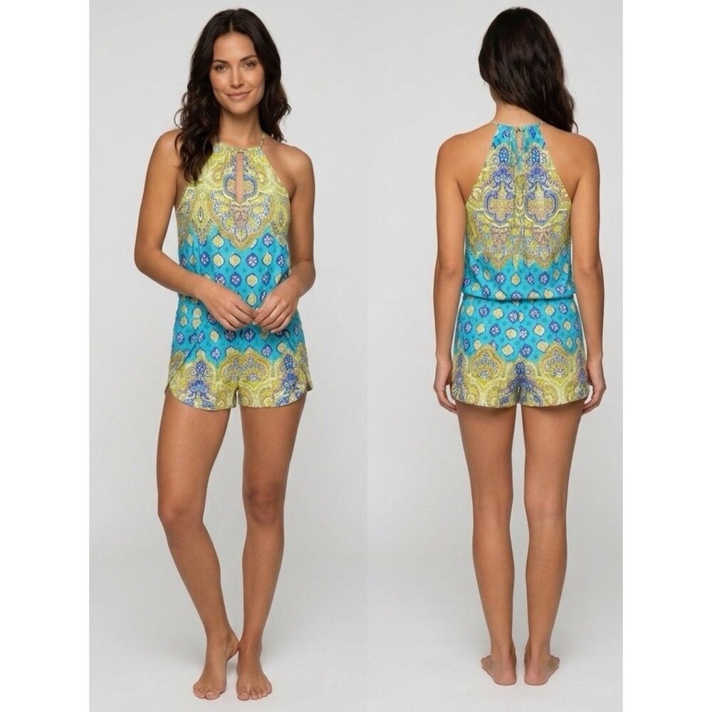 Trina Turk Romper XS Turquoise Medallion Paisley Halter Resort Vacation Boho